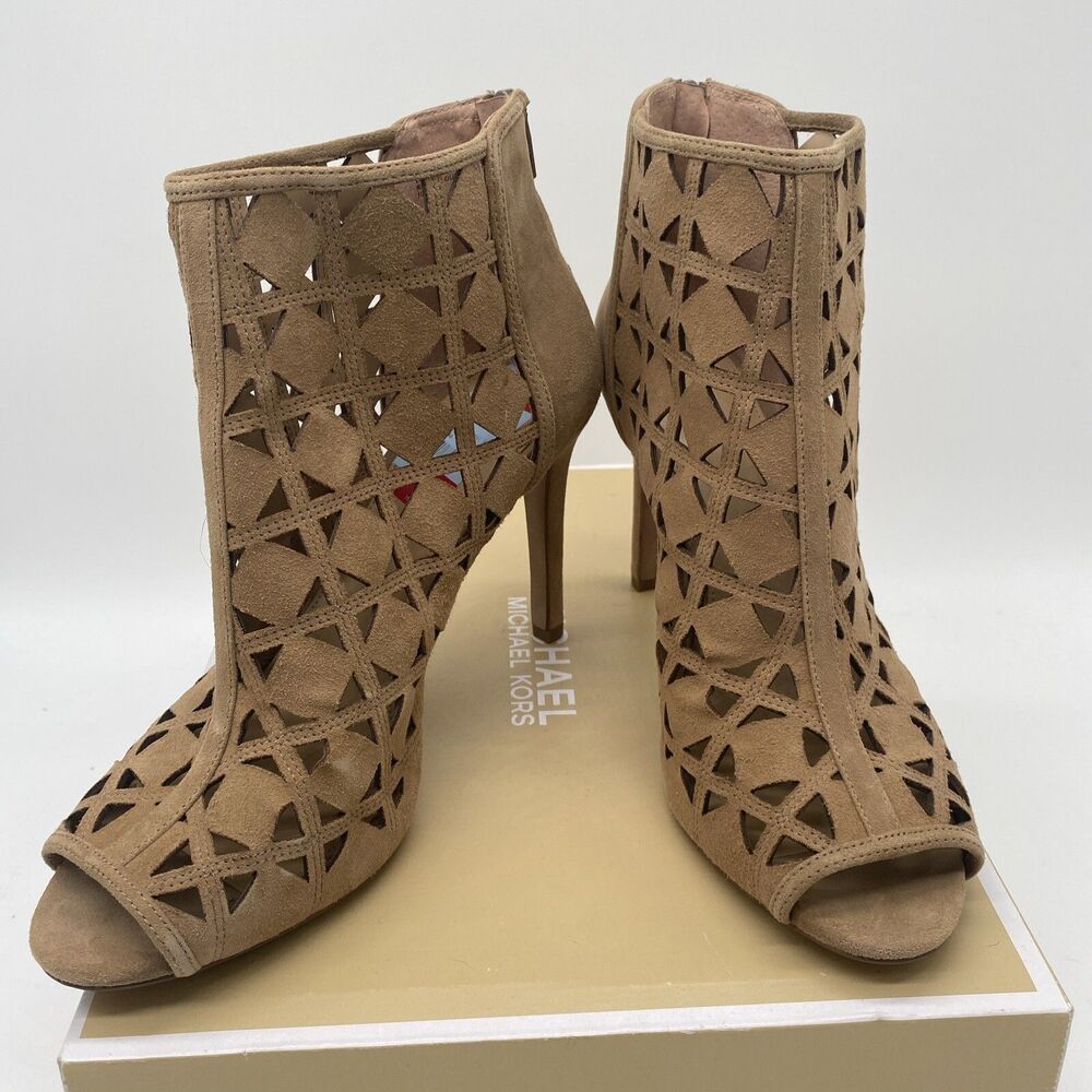 Michael Kors Women Ivy Open-Toe Booties Suede Dk Khaki Size 10M New In Box